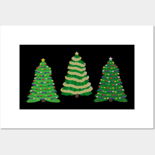 Festive Christmas Trees Trio (Black Background) Posters and Art